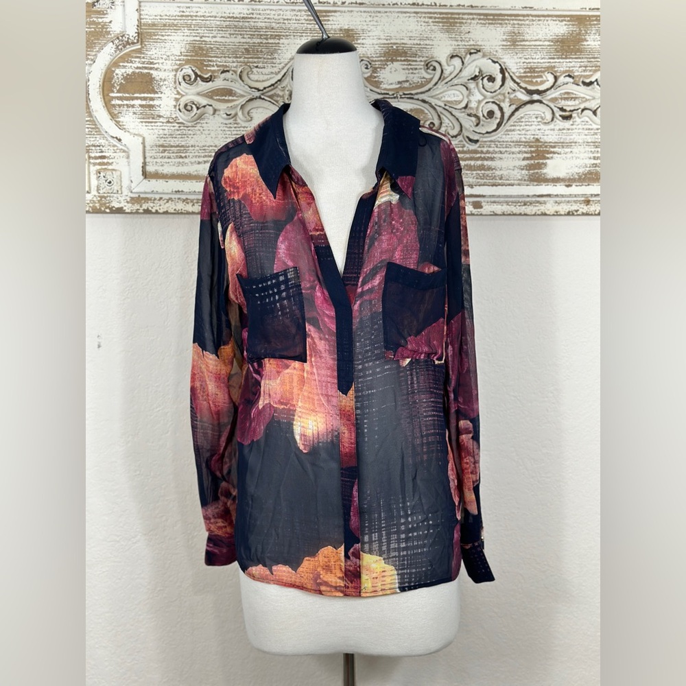 Robert‎ Rogriguez floral sheer dark blue chiffon blouse size Large